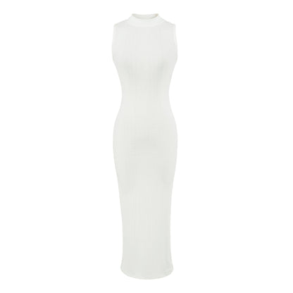 Women’s midi dress in rib knit, sleeveless slim-fit with stand-up collar EVA-US