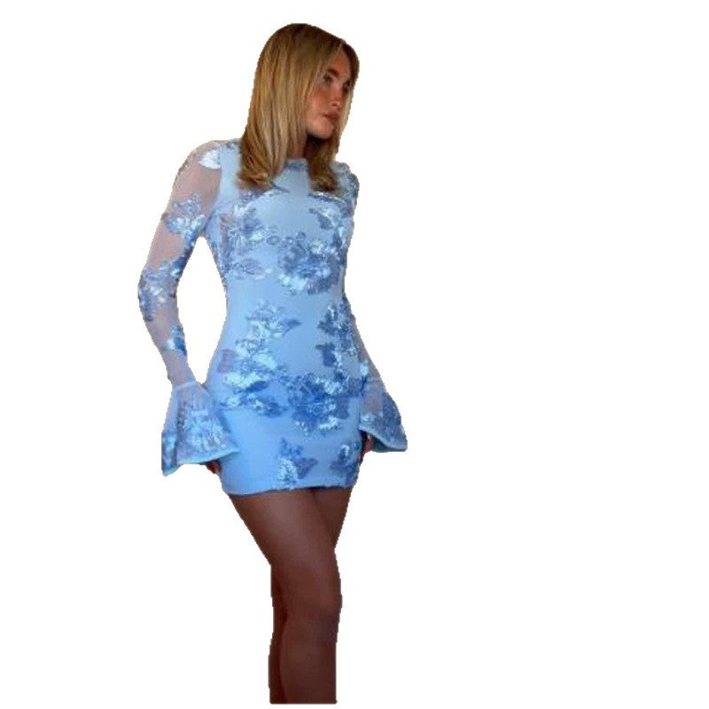 Women's Tight Mini Dress with Floral Lace Appliqué, Transparent Sleeves and Ruffle Cuffs EVA-US