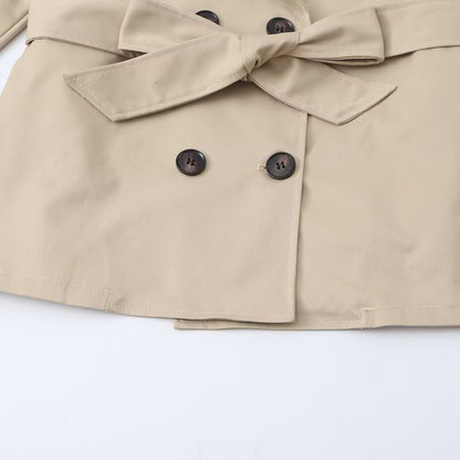 Women Cropped Trench Coat with Waist Belt, Wide Lapels and Cape Detail