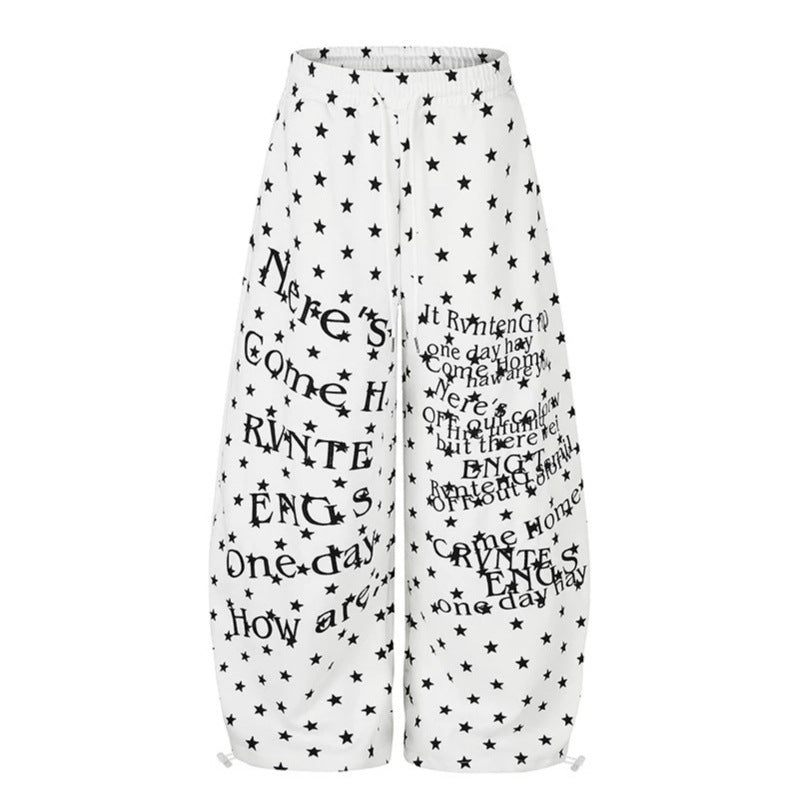 Women's Wide Palazzo Lounge Pants with Allover Stars, Drawstring Waistband and Typographic Print EVA-US