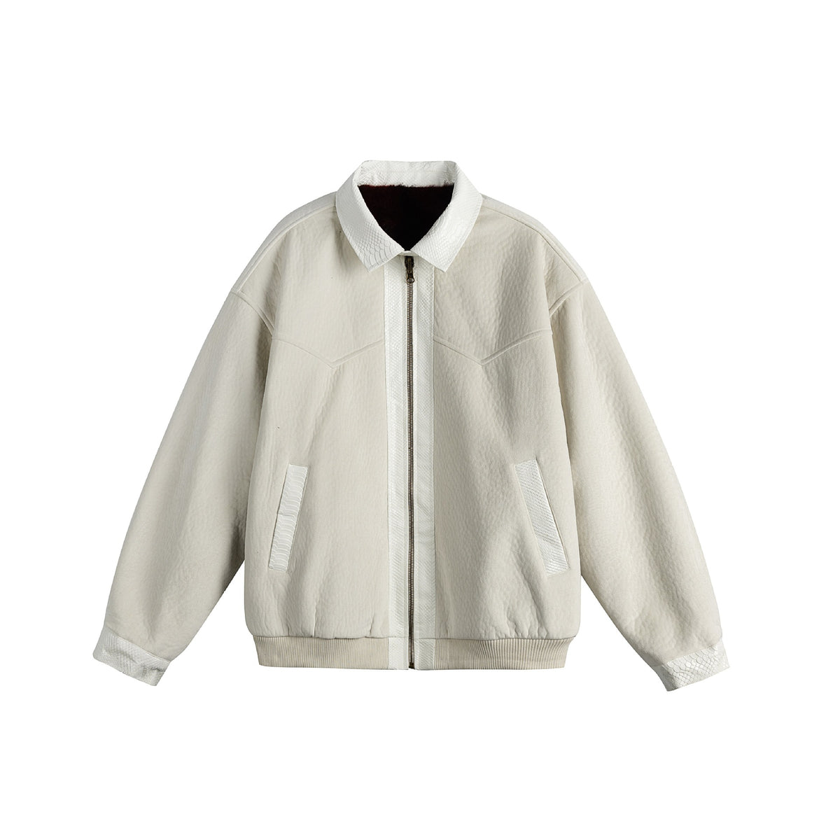 Unisex Oversize Blouson Jacket made of Velours-Suede with reptile embossed trim and warming teddy lining EVA-US