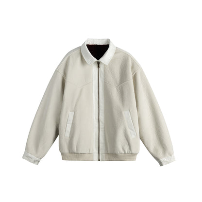 Unisex Oversize Blouson Jacket made of Velours-Suede with reptile embossed trim and warming teddy lining EVA-US