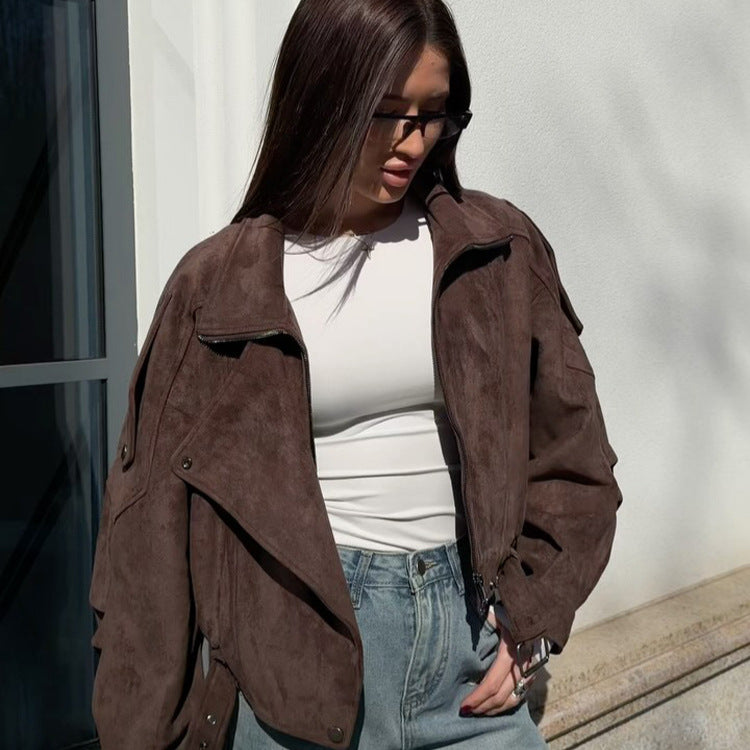 Ladies short-cut suede bomber jacket with belt & oversized sleeves EVA-US