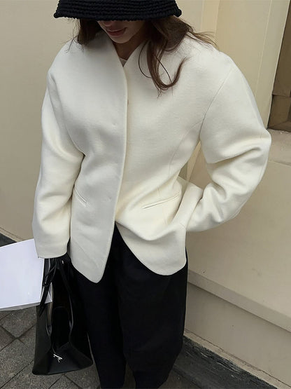 Women Tailored collarless wool blend short coat with clear silhouette EVA-US