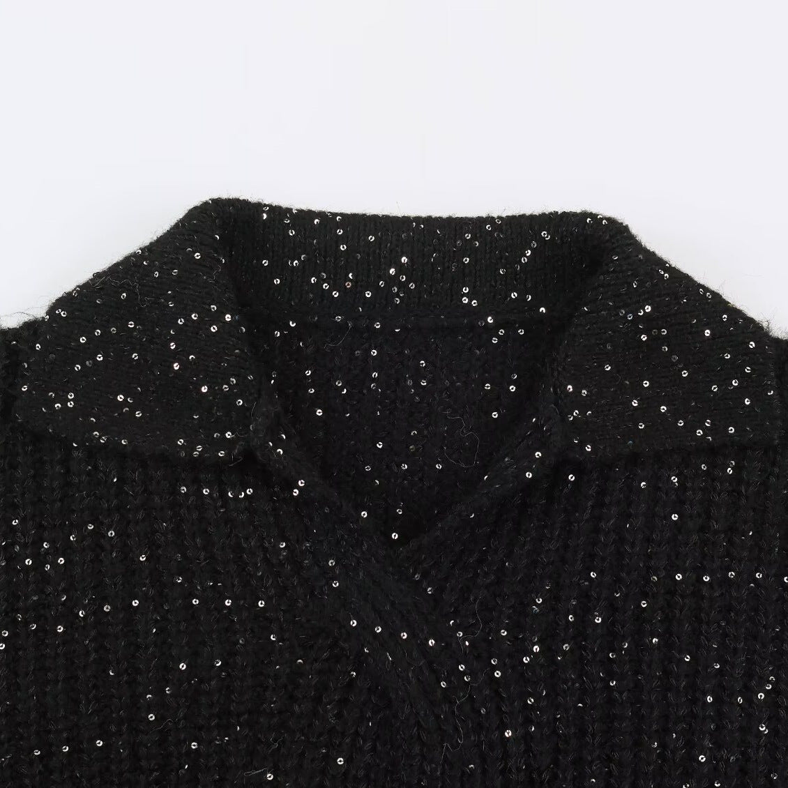 Women's Chunky Knit Sweater with Wide Lapel Collar and Sequin Trim EVA-US