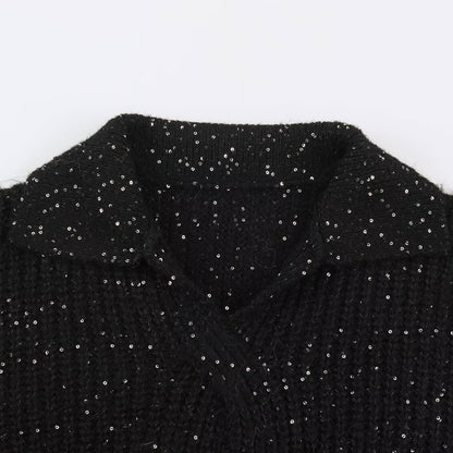 Women's Chunky Knit Sweater with Wide Lapel Collar and Sequin Trim EVA-US
