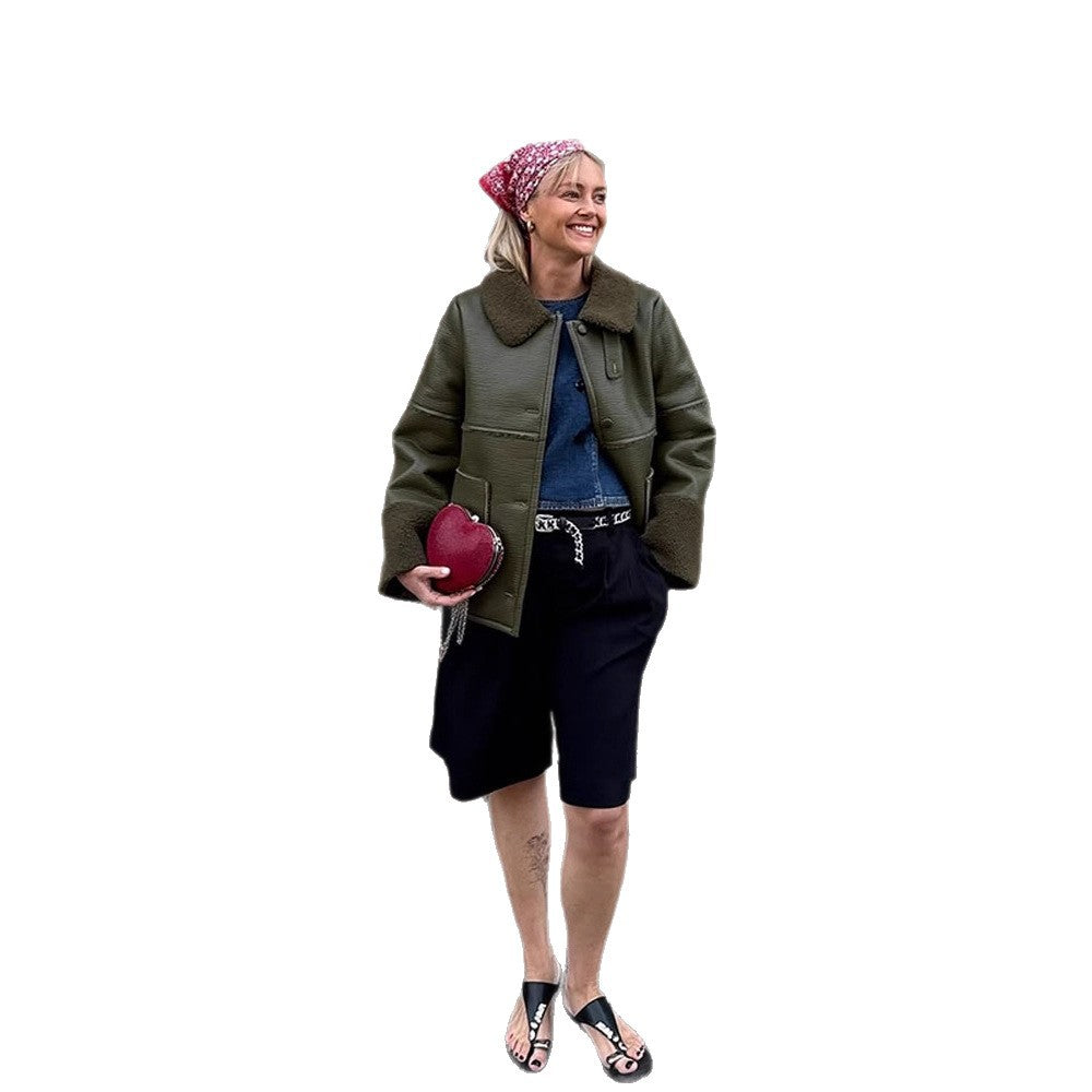 Ladies Short Aviator-Style Bomber Jacket with Teddy Lining and Boxy Silhouette EVA-US