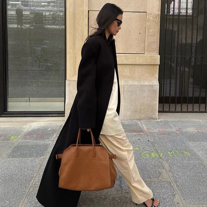 Women Sculptural Midi Coat with distinctive shoulder area and concealed button placket EVA-US