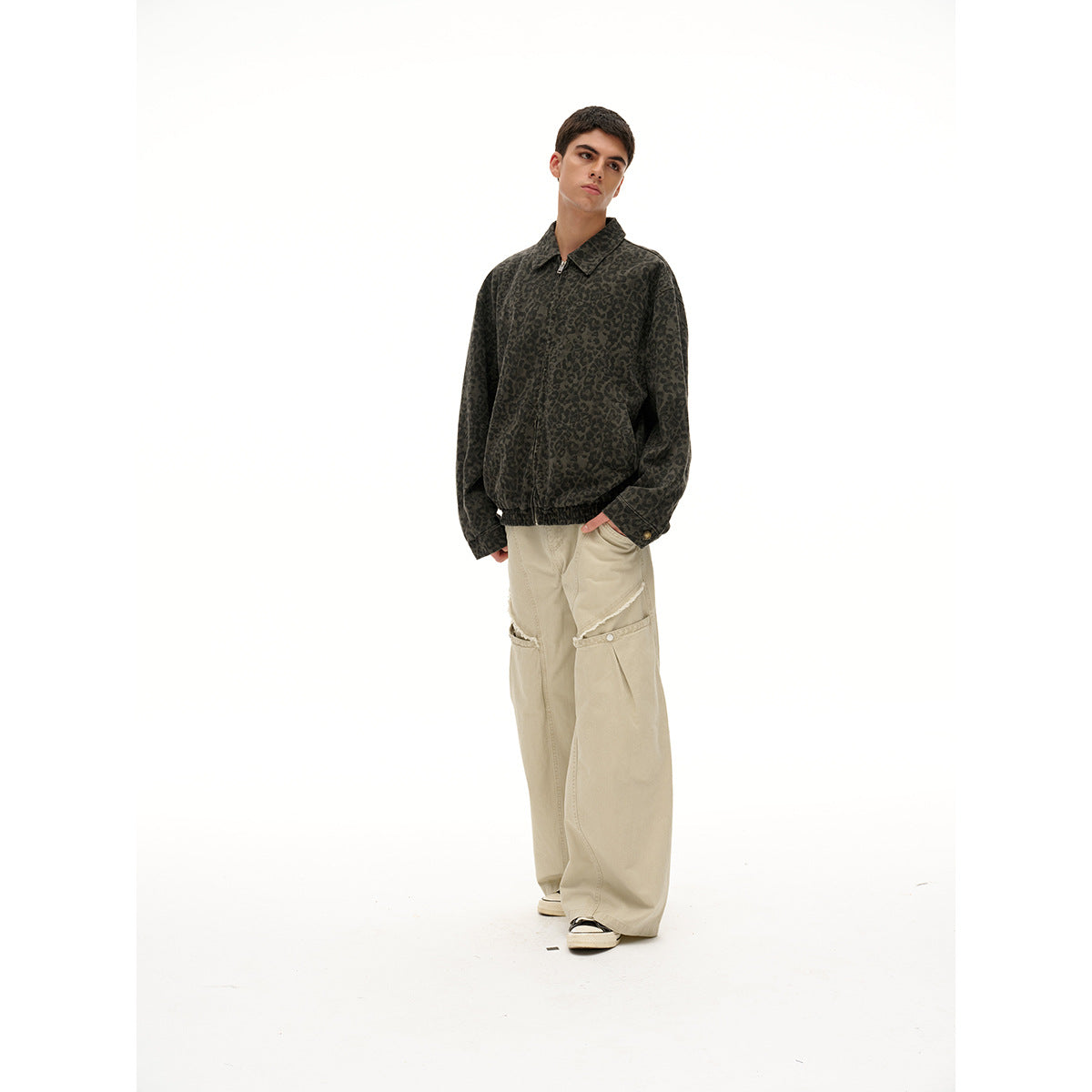 Unisex Lightly quilted Boxy jacket in denim look with tonal leopard print and elastic hem EVA-US