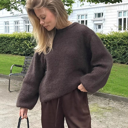 Women's Fluffy Round Neck Sweater with Balloon Sleeves and Boxy Silhouette EVA-US