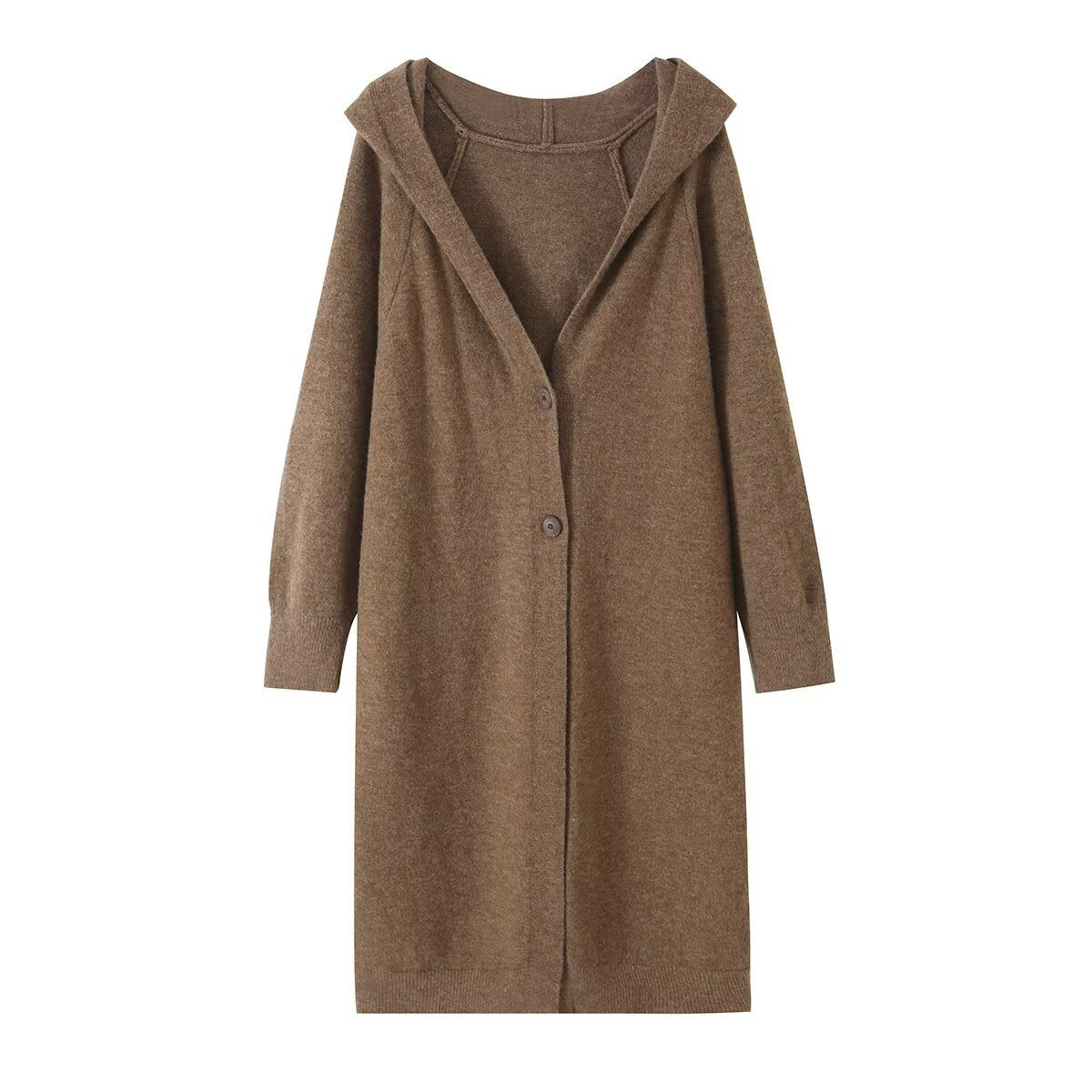 Women Long Hooded Cardigan with Full Button Placket and Ribbed Cuffs EVA-US