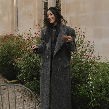 Women Maxi Long Oversize Wool Blend Coat Double Breasted with Boxy Silhouette and Patch Pockets