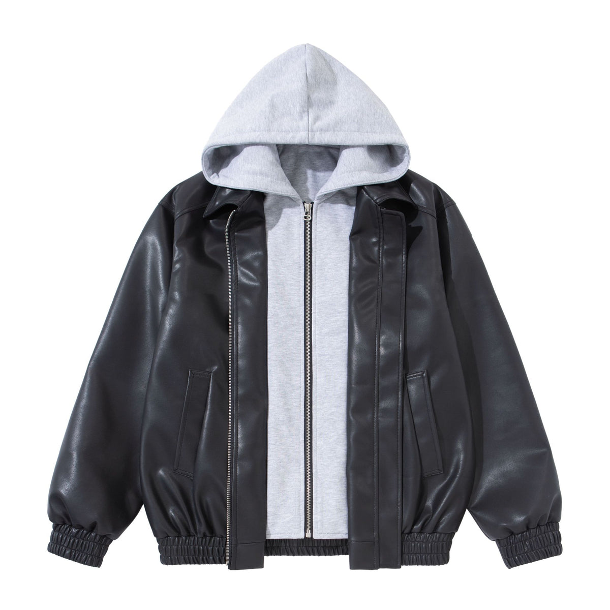 Men's Boxy Leather Blouson with Attached Jersey Hood and Ribbed Hem EVA-US