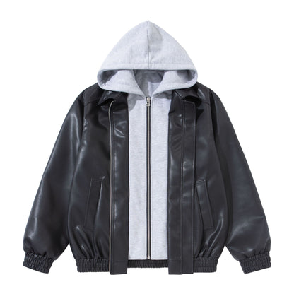 Men's Boxy Leather Blouson with Attached Jersey Hood and Ribbed Hem EVA-US