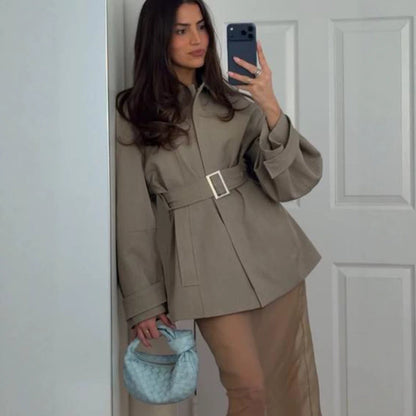 Women's Short Trench Coat with Waist Belt, Dropped Shoulder and Voluminous Balloon Sleeves EVA-US