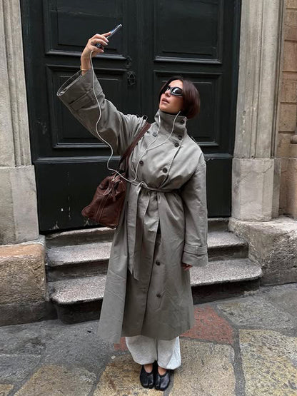 Women’s Maxi Trench Coat with high stand collar, double-breasted button placket & waist belt EVA-US