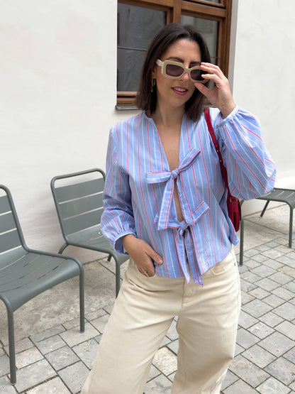 Ladies Striped Tied Blouse with Bow Front, V-Neck & Balloon Sleeves EVA-US