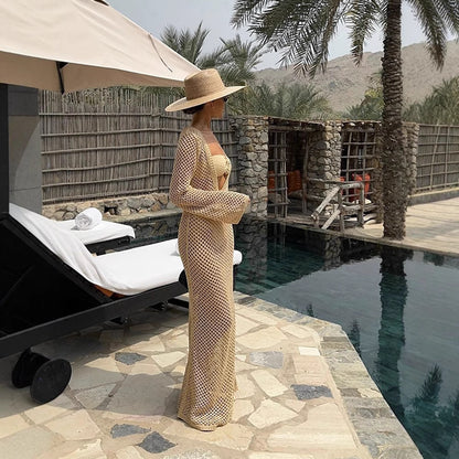 Women Open Crocheted Maxi Dress as Beach Cover-Up with Deep V and Long Sleeves EVA-US
