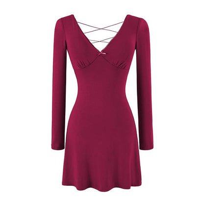 Ladies form-fitting mini dress with a deep V-neckline, gathered bust, and crossed back straps EVA-US