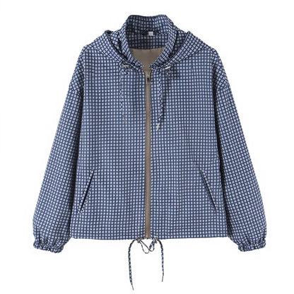 Women Lightweight Hooded Boxy Transitional Jacket with Check Grid Print, Drawstring and Elastic Cuffs EVA-US