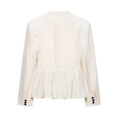 Women Tailored Blazer Jacket with Deep V-Neck, Pleated Peplum and Decorative Button Placket EVA-US