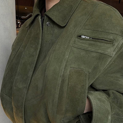 Women's Short Suede Bomber with Elastic Waist and Dropped Shoulder EVA-US