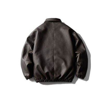 Men's Oversized Faux Leather Bomber Jacket with Flap Pockets, Concealed Closure and Elastic Hem EVA-US