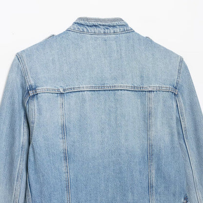 Women's jeans field jacket with stand-up collar, shoulder patches, and four flap pockets EVA-US