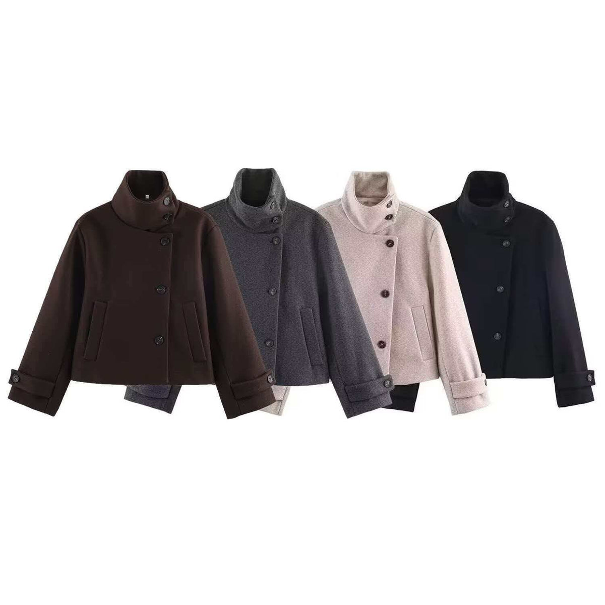 Women's short wool coat with high stand-up collar, asymmetric button placket and adjustable cuff straps EVA-US