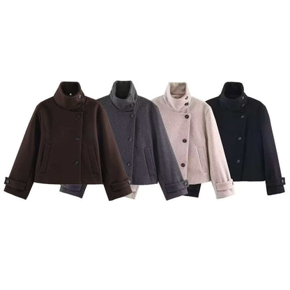 Women's short wool coat with high stand-up collar, asymmetric button placket and adjustable cuff straps EVA-US