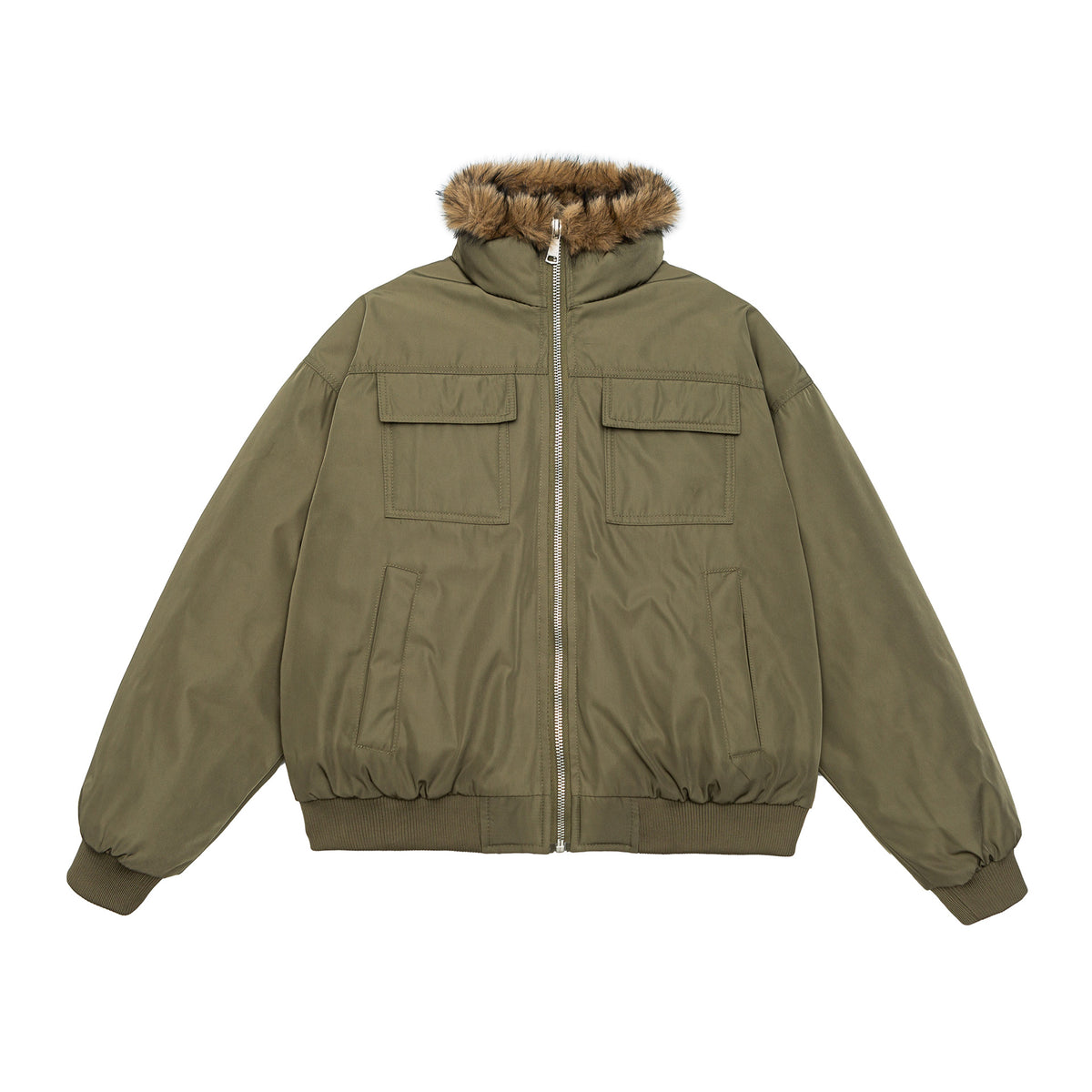 Men's Quilted Short Bomber Jacket with Removable Faux Fur Hood and Patch Front Pockets EVA-US