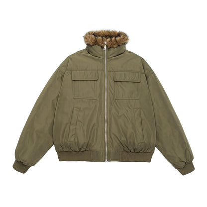 Men's Quilted Short Bomber Jacket with Removable Faux Fur Hood and Patch Front Pockets EVA-US