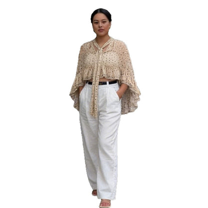 Women’s transparent polka dot chiffon cropped blouse with tie band, ruffles and cape cut EVA-US