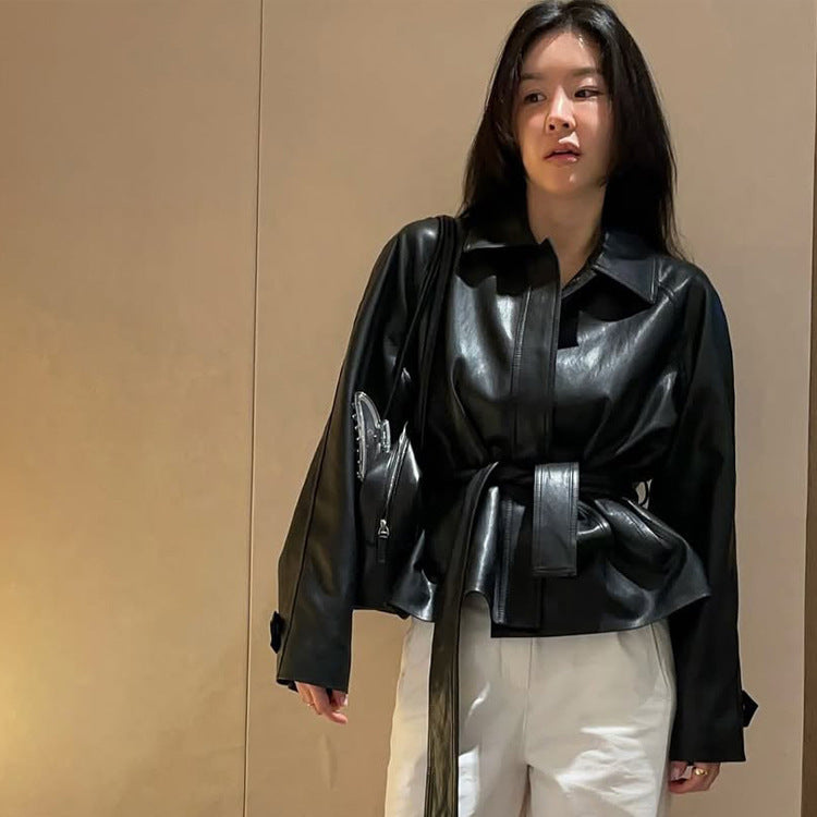 Women Tailorable Faux Leather Jacket with Wrap Belt and Boxy Silhouette EVA-US