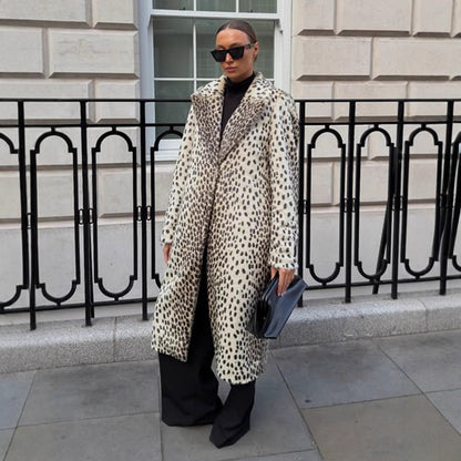 Women's Mid-Length Faux Fur Coat with Distinctive Spot Pattern and Notched Collar EVA-US