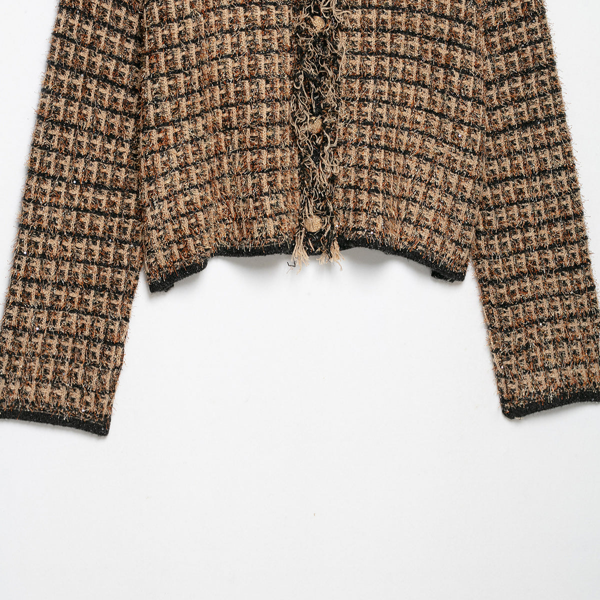 Women's Boucle-Tweed Cropped Jacket with Fringe Trim and Round Neck