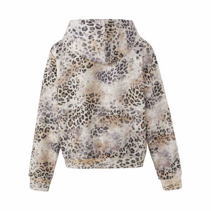 Women's Cozy Hooded Jacket in Boxy Cut with Vintage Leopard Print and Kangaroo Pocket EVA-US