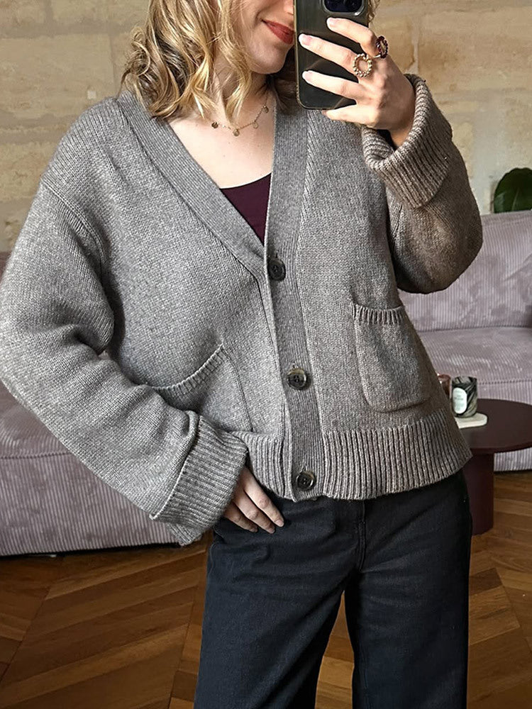 Ladies Boxy Cardigan with V-Neck, Pockets and Horn Buttons EVA-US