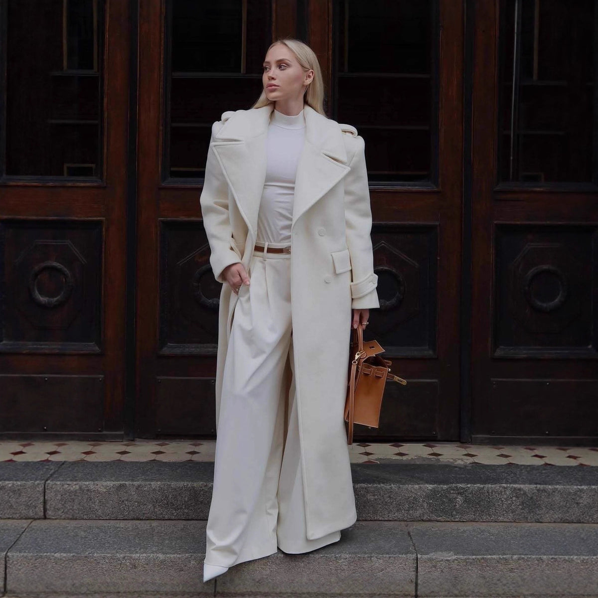 Women's Maxi Length Tailored Wool Blend Coat with Wrap Belt and Generous Notch Collar EVA-US