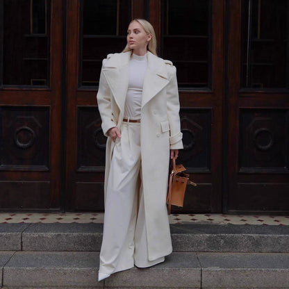 Women's Maxi Length Tailored Wool Blend Coat with Wrap Belt and Generous Notch Collar EVA-US