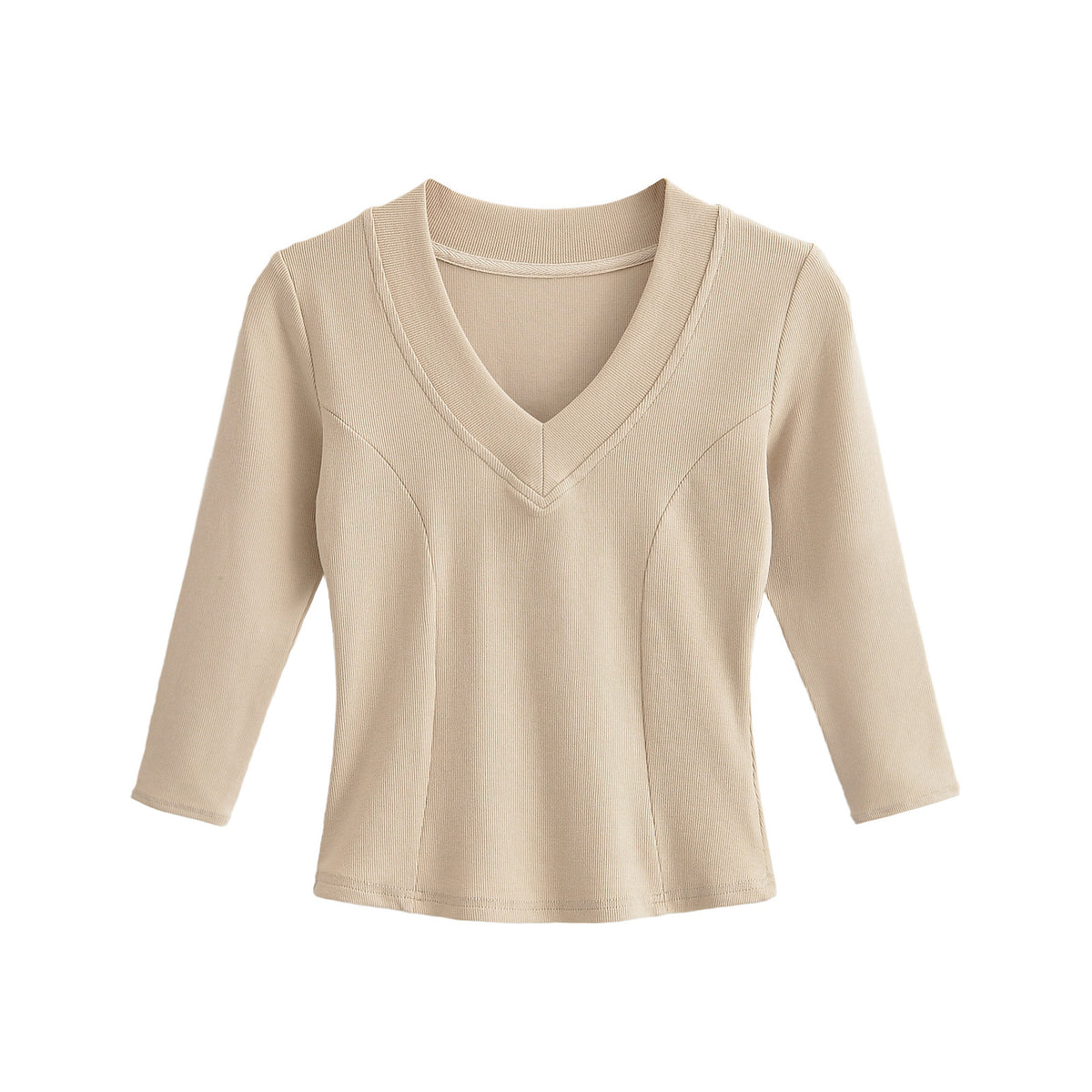 Women's Ribbed Long Sleeve Shirt with V-Neck and Tailored Fit EVA-US