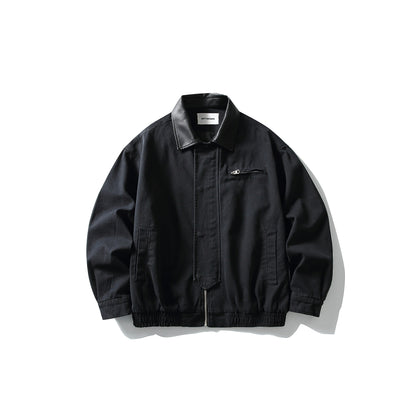 Men's short-cut boxy blouson with contrasting leather collar EVA-US