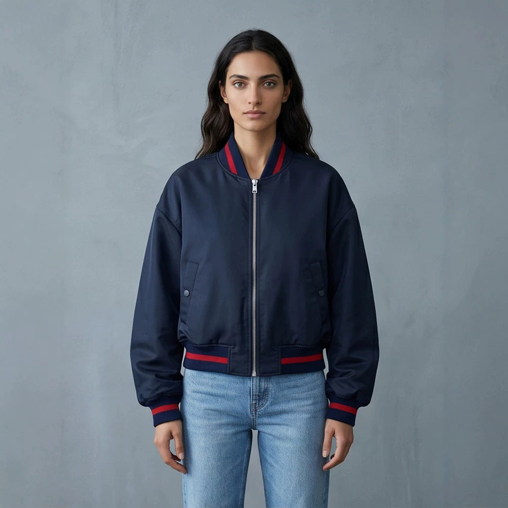Women's Short Cut Oversized Bomber Jacket with Voluminous Sleeves and Ribbed Cuffs EVA-US