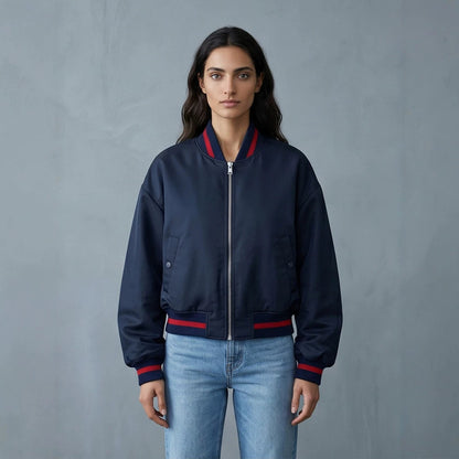 Women's Short Cut Oversized Bomber Jacket with Voluminous Sleeves and Ribbed Cuffs EVA-US