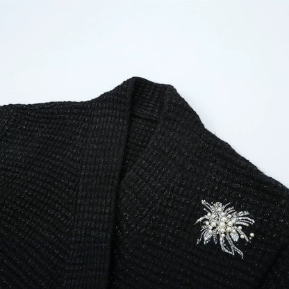 Women Chunky Knit Double-Breasted Cardigan Coat with Shawl Collar and Pearl Sequin Application EVA-US