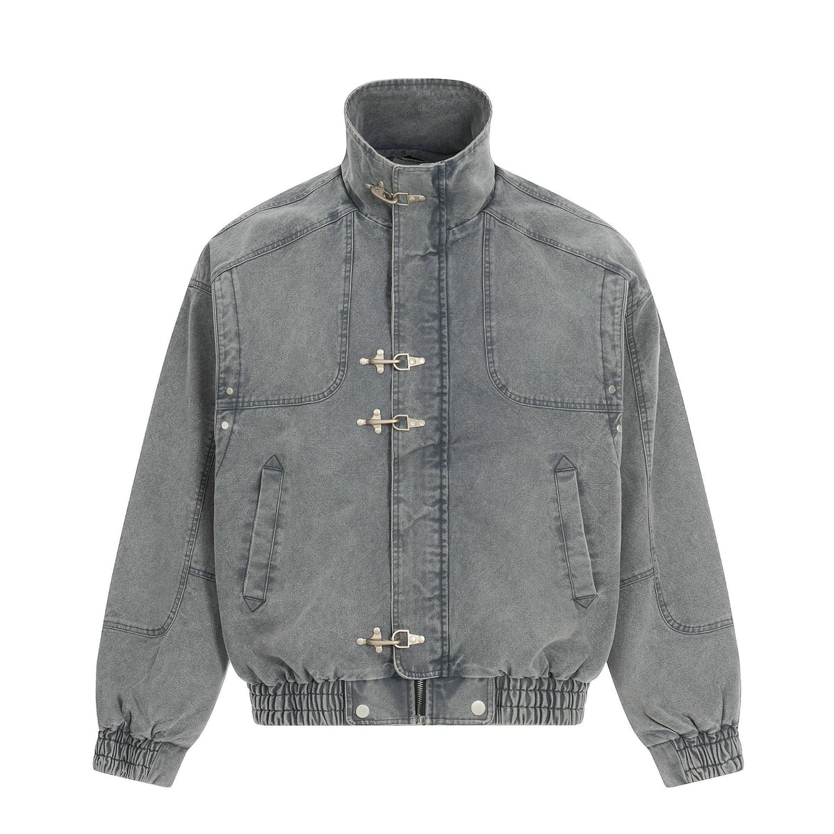 Men's Short-Cut Canvas-Denim Field Blouson with Toggle Closures and High Stand-Up Collar EVA-US
