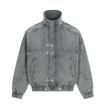 Men's Short-Cut Canvas-Denim Field Blouson with Toggle Closures and High Stand-Up Collar EVA-US