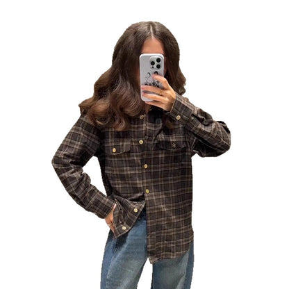 Women Checked Overshirt with Chest Pockets and Gold Press Buttons EVA-US