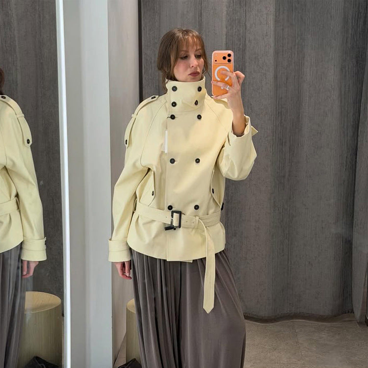 Women Short Double-Breasted Trench Jacket with High Standing Collar and Waist Belt EVA-US