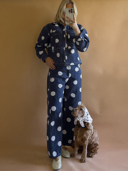 Women's wide cargo pants with high waist, polka dot print and visible contrast stitching EVA-US
